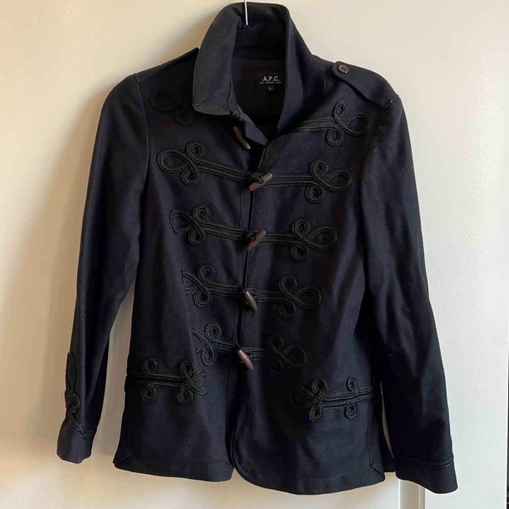 Navy blue APC embroidered toggle button jacket / coat